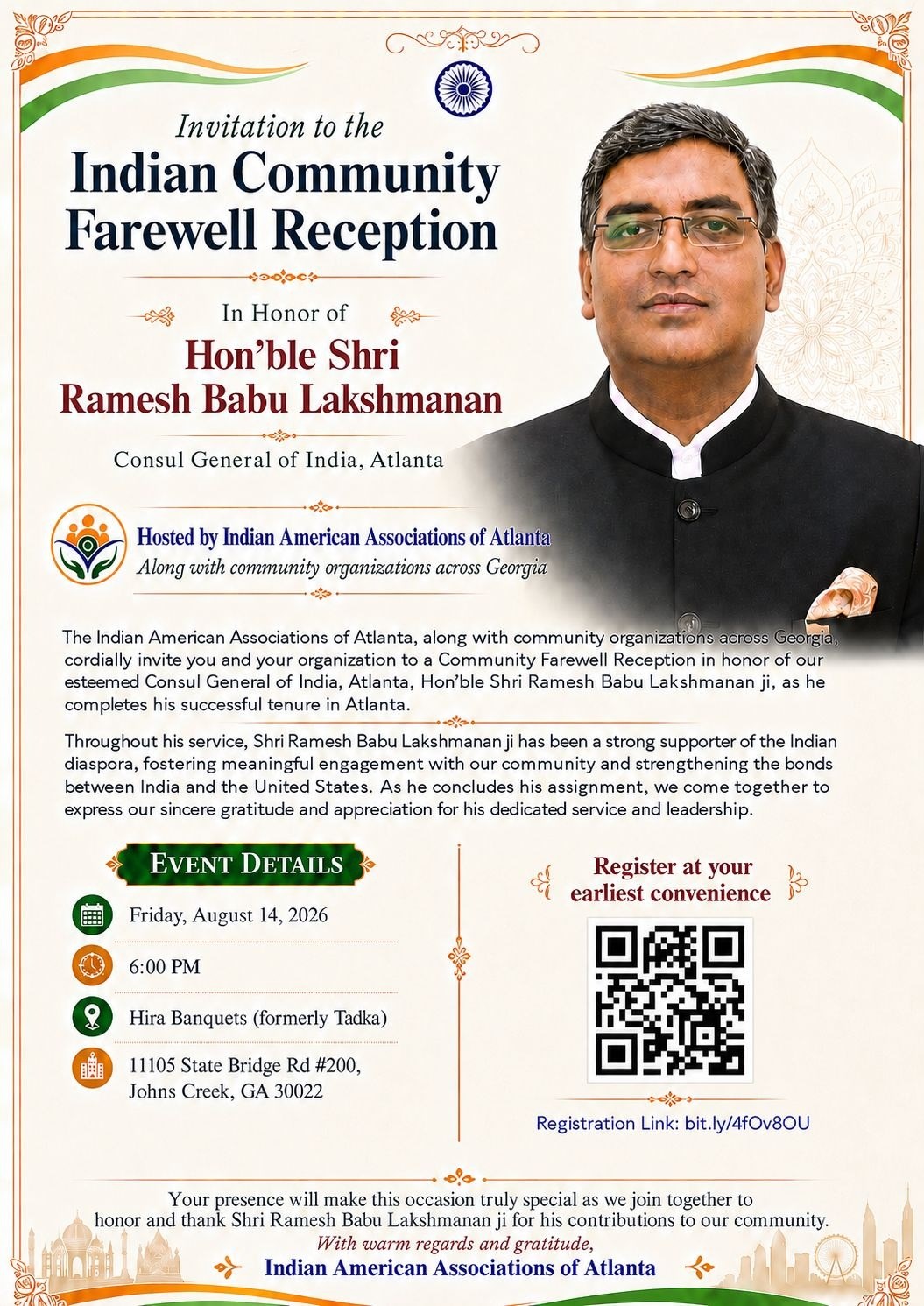 Community Farewell Reception in Honor of Shri Ramesh Babu Lakshmanan (Consul General of India) - Georgia